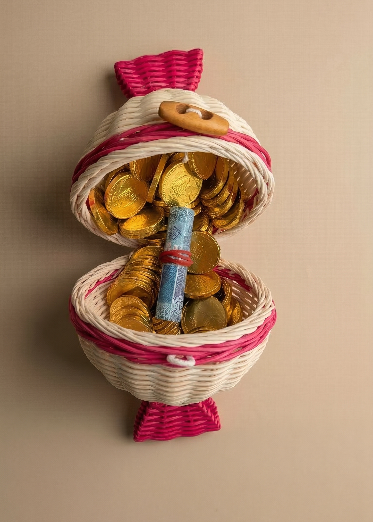 Rattan candy parce; with gold coin chocolate a beige background