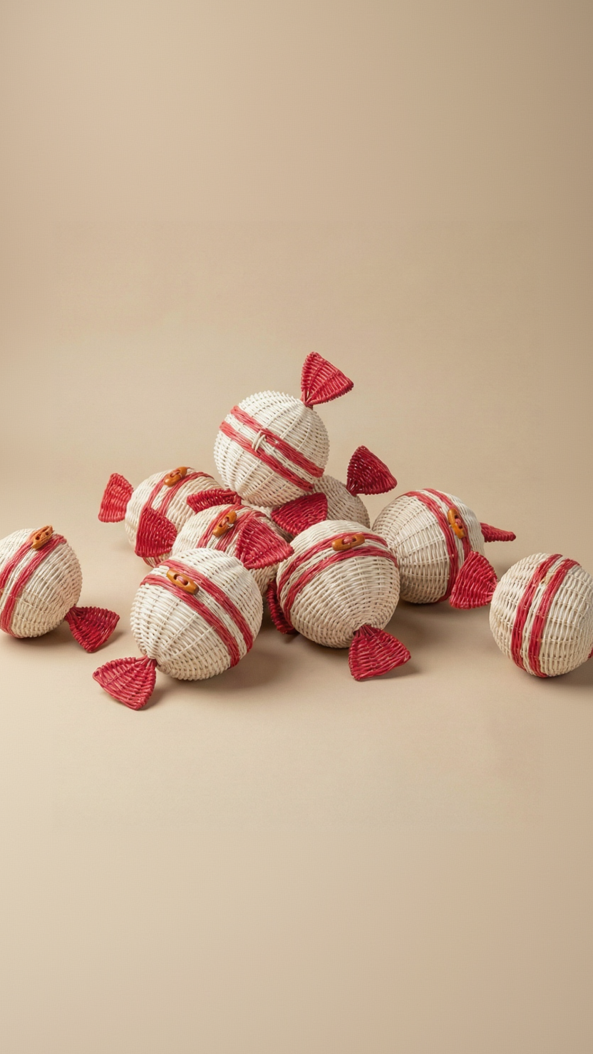 beige rattan candy parcels with red accents on a beige background