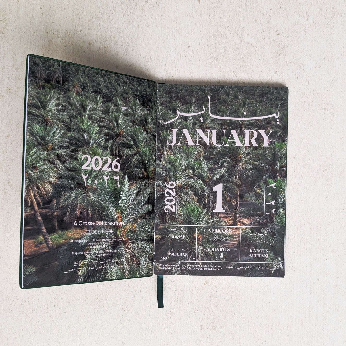 Open planner showing January 2026 on a light gray background