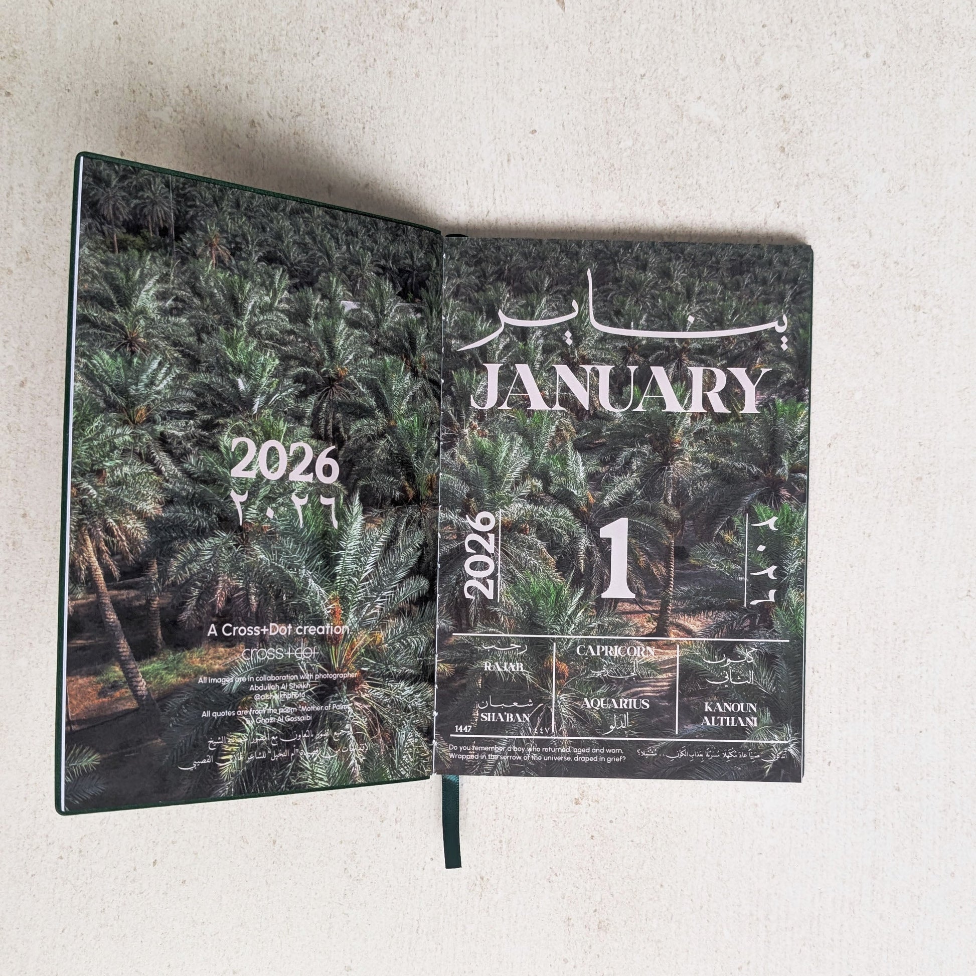 Open planner showing January 2026 on a light gray background